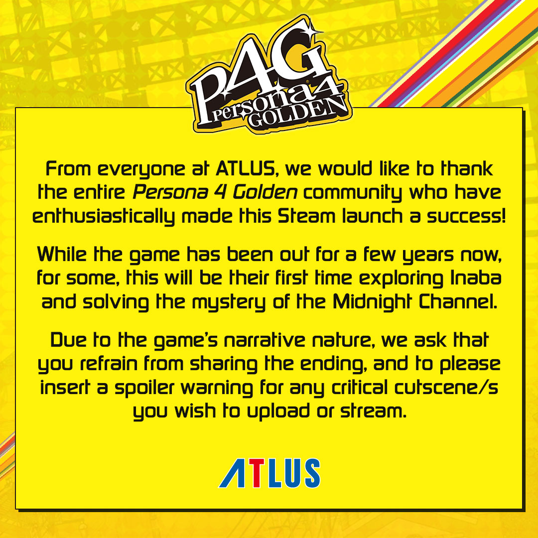 Official Atlus West A Message From Atlus To Everyone Playing Persona 4 Golden On Steam P4g