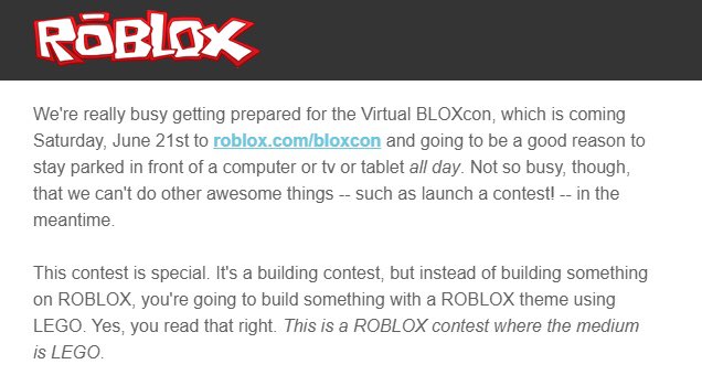 News Roblox On Twitter Virtual Bloxcon Will Be Happening On Roblox On June 21st And There Will Be A Contest Lego Contest They Colabed With Legos Https T Co S3umiqsugg - bloxcon roblox
