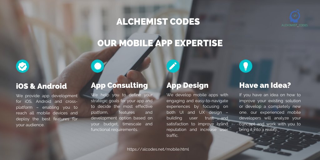 AlchemistCodes's tweet image. If you have an idea on how to improve your existing solution or develop a completely new one, 
@AlchemistCodes's experienced mobile developers will analyse your concept and work with you to bring it into a reality. So why not contact us now? 
alcodes.net/mobile.html