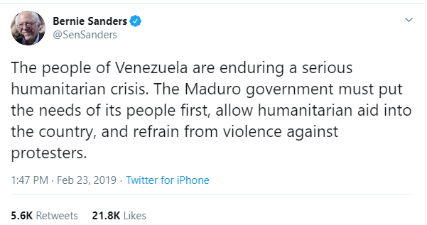 6/ During the aid stunt of February 23 the one rare Venezuela-related tweet that  @SenSanders put out reinforced the lie that Maduro had been refusing "aid". Rather than counter maniacs like Bolton, Sanders reinforced their lies. Bolton doesn't mention it in the chapter.