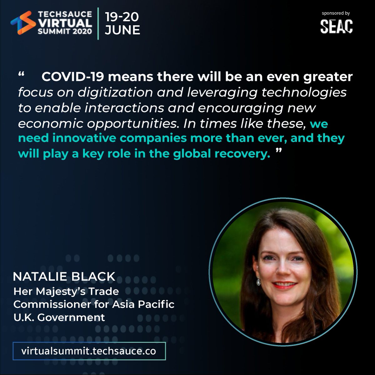"In times like these, we need innovative companies more than ever!", Natalie Black, Her majesty's trade commissioner for Asia Pacific U.K. Government

#TSVS2020 is now live on virtualsummit.techsauce.co