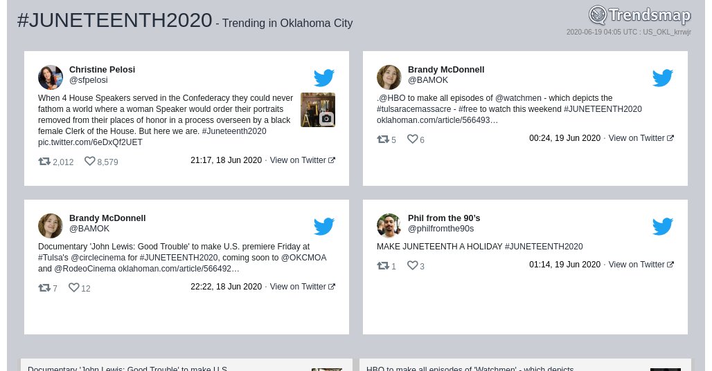 TrendsOKC's tweet photo. #juneteenth2020 is now trending in #OklahomaCity

https://t.co/6GY1Gztu8W https://t.co/6H6iCvlyif