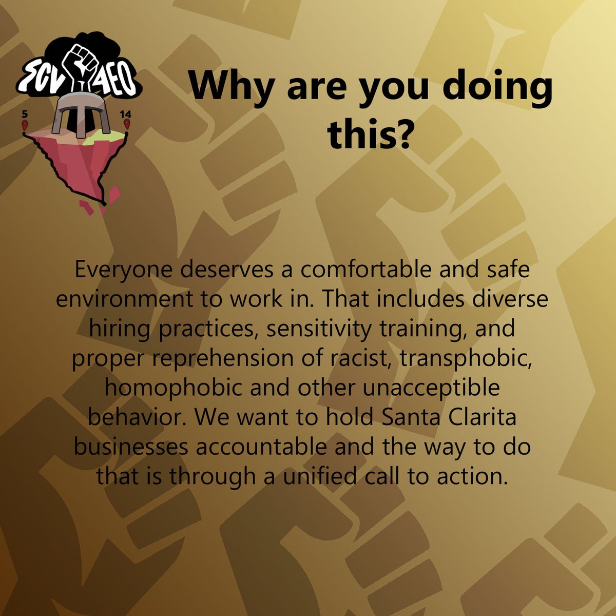 SCV4EO's tweet photo. We are a group of wage workers who are employed within the Santa Clarita Valley who want to support individuals and groups of wage workers fighting for safe, diverse and inclusive work environments. 

More info: https://t.co/BtgXsB0kN1