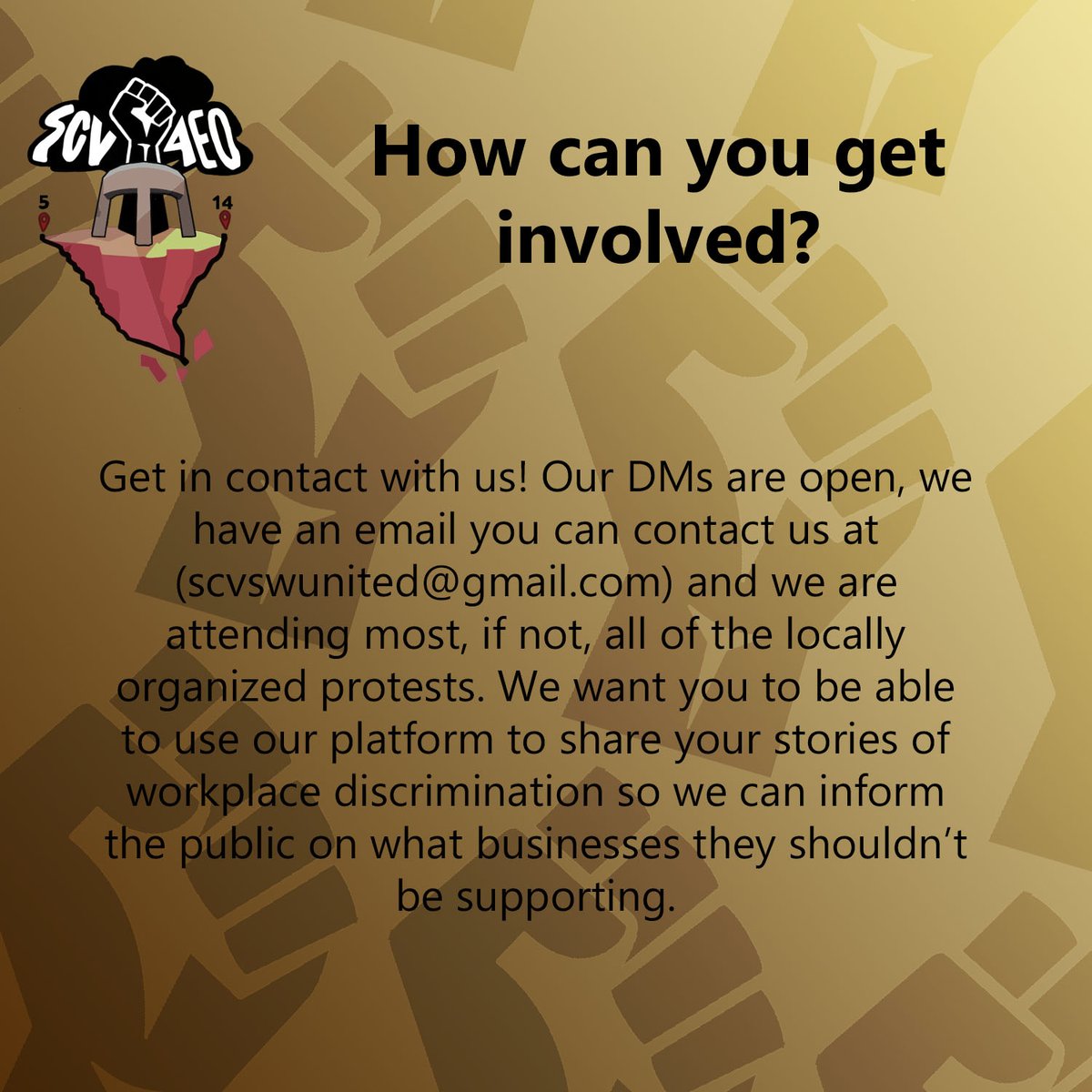 SCV4EO's tweet photo. We are a group of wage workers who are employed within the Santa Clarita Valley who want to support individuals and groups of wage workers fighting for safe, diverse and inclusive work environments. 

More info: https://t.co/BtgXsB0kN1