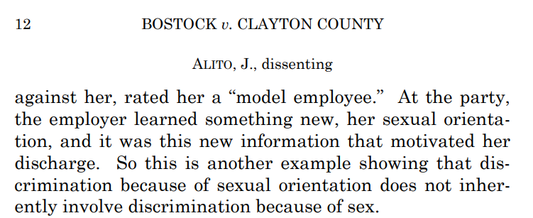 Alito responds to the hypo (below), but I don't find his take persuasive. He is correct that employer already knows woman's sex, but all that shows is that her being a woman is not the *sole* reason for firing her -- it's her being female in combination with her spouse's sex. 14/