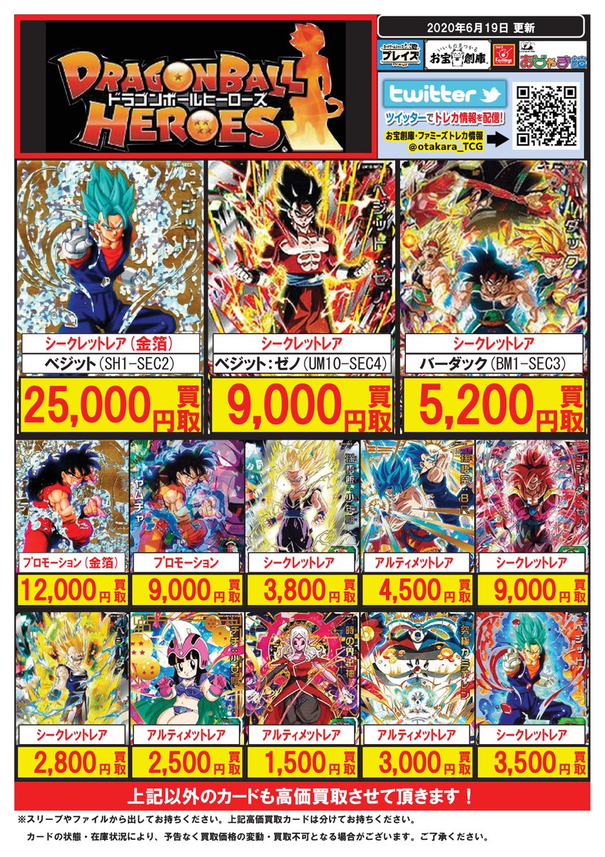 Twitter पर プレイズ 西尾シャオ店rtキャンペーン実施中 買取表更新情報 ドラゴンボールヒーローズ買取表更新しました Sec ベジットゼノ Um10 Sec4 9 000買取 Sec バーダック Bm1 Sec3 5 0買取 Sec 仮面のサイヤ人 Hgd1 Sec2 6 000買取 お持ち込み