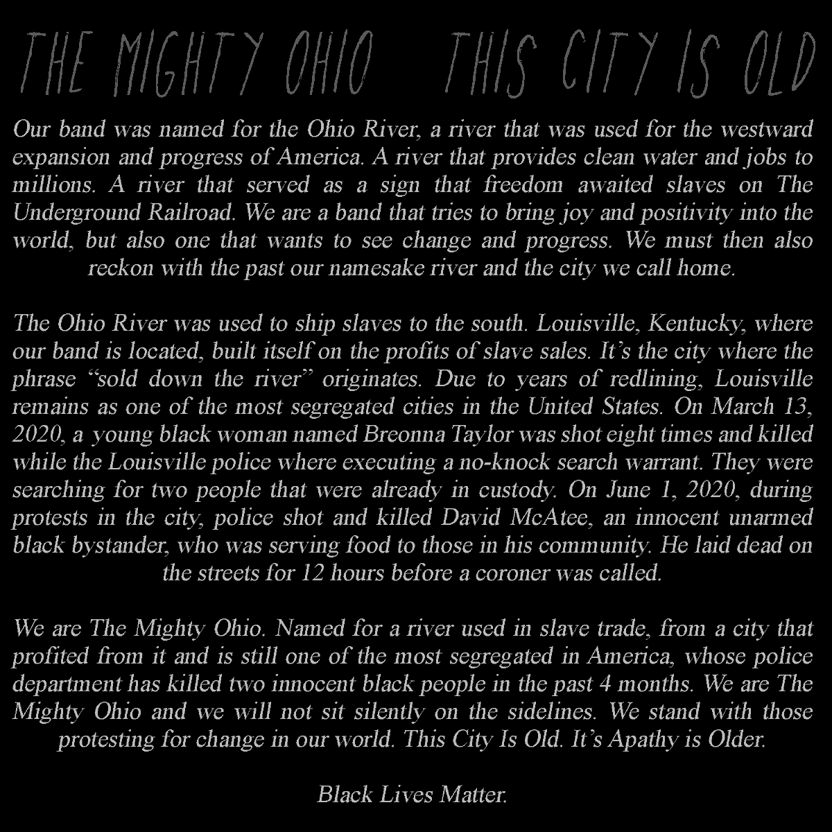 The_MightyOhio's tweet photo. New Song "This City is Old" Out Now! All profits from the song go towards the Louisville chapter of Black Lives Matter and the NAACP Legal Defense Fund as part of Bandcamp's Juneteenth donation. 

https://t.co/T6BMG02lB0 https://t.co/pPjvIXYrGZ