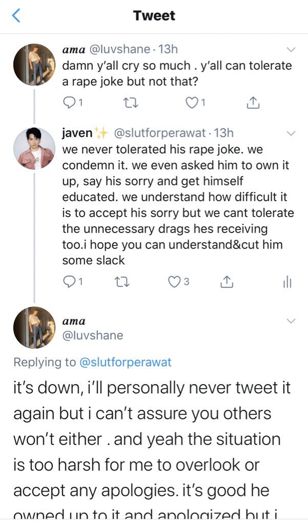damn yall cry so much. yall cant tolerate a rape joke but are quiet about how you guys literally cyber bully these artists! dont even give us the “its a joke card” bc we all know this aint italso, “can’t continue to support someone like that” ≠ throwing hate and make fun of