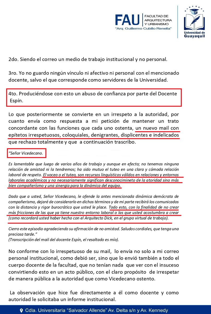 lahistoriaec's tweet photo. Dígame Vicedecano. Profesor de Facultad de Arquitectura de la Universidad de #Guayaquil es denunciado por el Vicedecano de esa unidad académica por haberlo tuteado y dicho "Apreciado Iván" en lugar de Vicedecano. https://t.co/zFvkUSW3rn