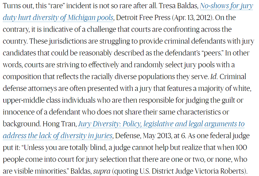 PROBLEM COURT Nationally, diversity in jury pool not reflective of community.  Alter laws and jury selection methods. Make achieving diversity in the venire, not just striving for it, a priority. See https://www.americanbar.org/groups/litigation/committees/diversity-inclusion/articles/2015/lack-of-jury-diversity-national-problem-individual-consequences/