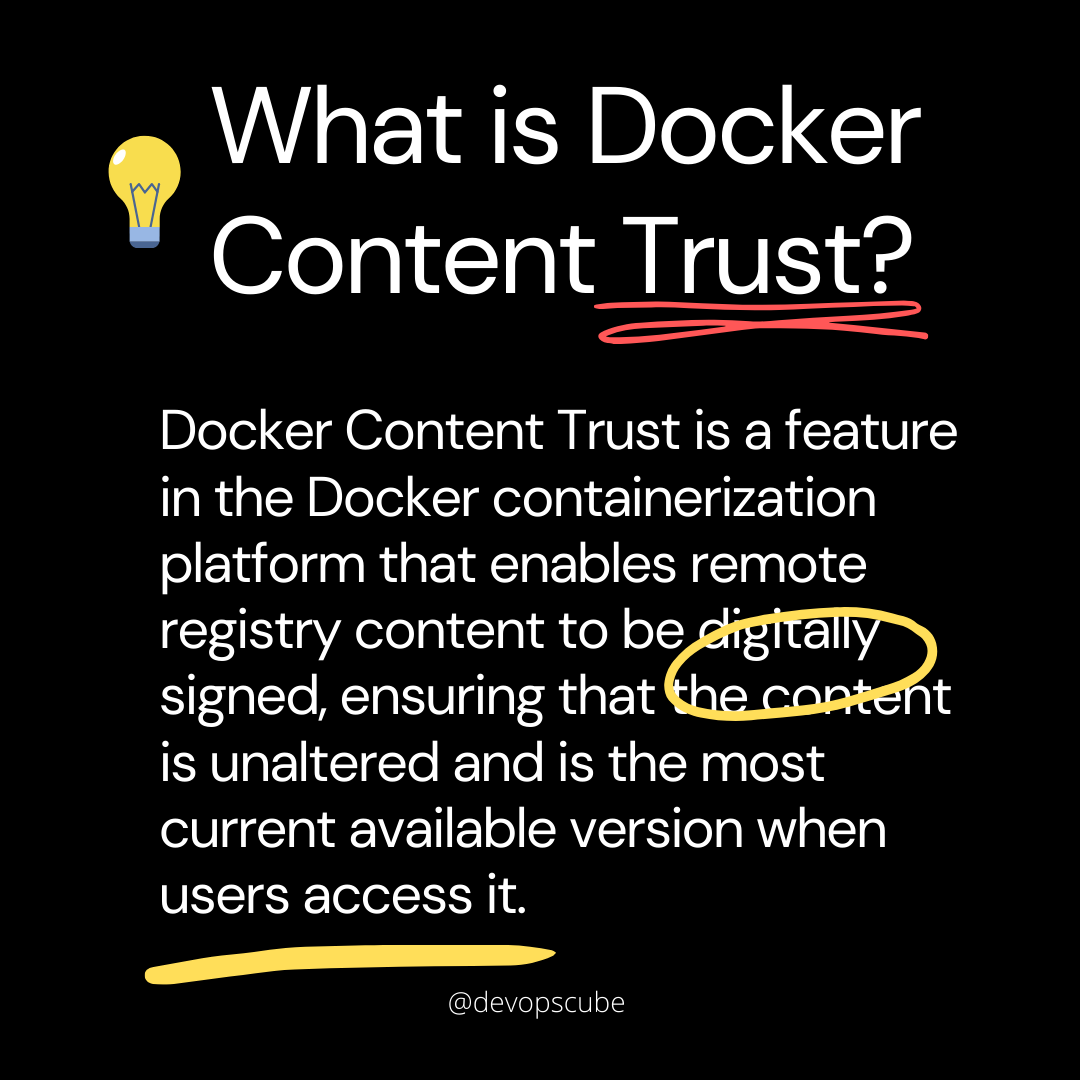 devopscube's tweet photo. Docker Content Trust is a feature in the Docker containerization platform that enables remote registry content to be digitally signed,

#docker #devpops #coder #programming #programmer #developer #coding #cloud #engineer #linux #coders #automation #computerscience #programmerlife https://t.co/IyoipAAwK9