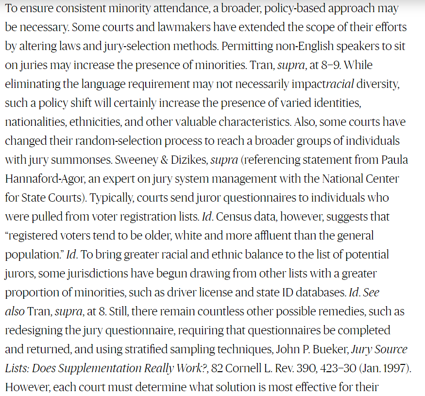 PROBLEM COURT Nationally, diversity in jury pool not reflective of community.  Alter laws and jury selection methods. Make achieving diversity in the venire, not just striving for it, a priority. See https://www.americanbar.org/groups/litigation/committees/diversity-inclusion/articles/2015/lack-of-jury-diversity-national-problem-individual-consequences/