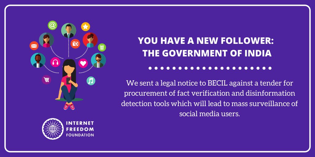 Today we sent a legal notice to BECIL against a tender for procurement of fact verification and disinformation detection tools which will lead to mass surveillance of social media users. 1/n https://internetfreedom.in/legal-notice-becil-tender-social-media-monitoring-tool/