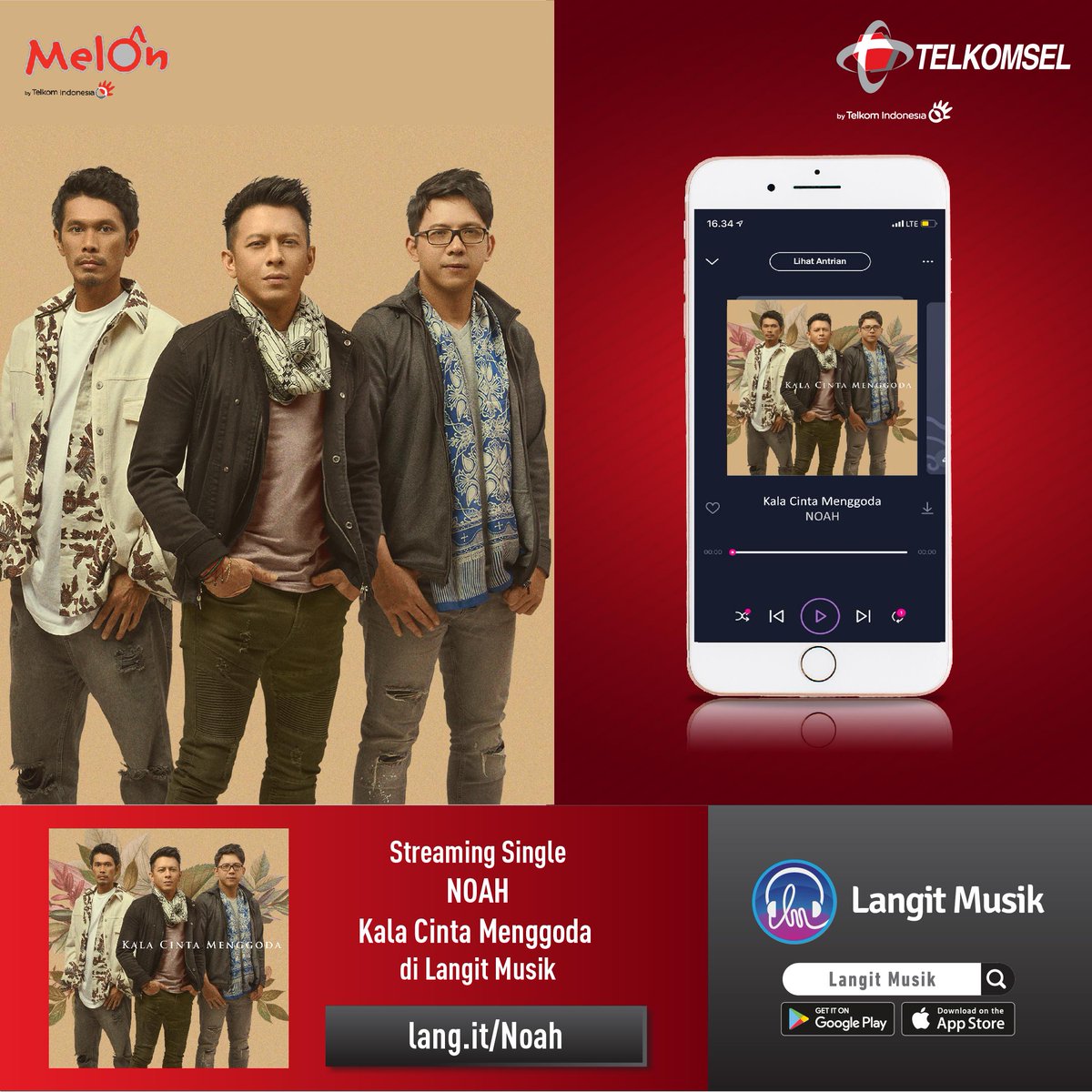 LangitMusik's tweet photo. Ditengah kondisi Indonesia saat ini, Noah terus berkarya dengan mengeluarkan single terbaru "Kala Cinta Menggoda". Dan lagu versi @noah_site sudah bisa kamu dengarkan di Langit Musik dan MyIndiHome ya sahabat.
.
#LMusikSingle #DirumahTetapTerhibur #SemuaRumahSemuaBisa https://t.co/PaXJcwLH6r