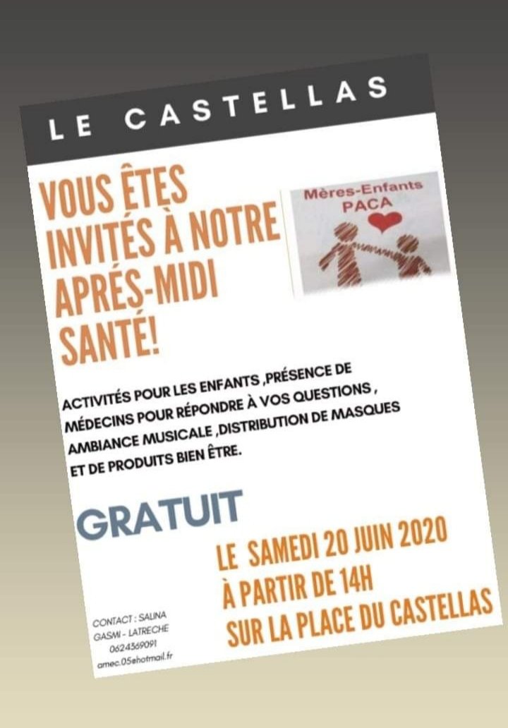 Les médecins - Les familles - 
Au Coeur du quartier pour une nouvelle action ❤
"La Santé au service des familles des Quartiers" 
Mères Enfants PACA 🌹
<a href="/SalinaGasmi/">Salina Gasmi Latrèche</a> 
@MinSoliSante 
<a href="/lamarsweb/">La Marseillaise</a> <a href="/laprovence/">La Provence</a> <a href="/afpfr/">Agence France-Presse</a> @bleuprovence <a href="/France3Provence/">France 3 Provence</a> 
<a href="/RadioMarseille/">Radio Marseille</a> <a href="/SudRadio/">Sud Radio</a>