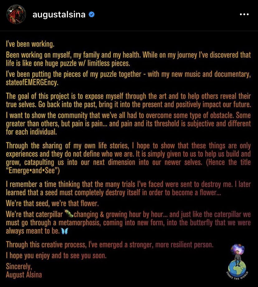 jayawa24's tweet photo. August Alsina with a message to us fans❤️🙏🏾 he’s really been through so much these last few years and I’m just so happy he’s alive and working on himself. I can’t wait to watch his Documentary and listen to his new album because he’s so talented. He deserves it 🖤✊🏾 https://t.co/8KRZF2FwMZ