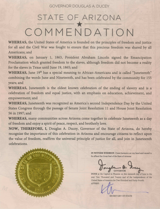Arizona joins the nation in celebrating #Juneteenth, a day when the promise of freedom was fulfilled for all Americans. Arizona celebrates our African American heritage today and every day, and I encourage all Arizonans to join in a day of celebration, education and reflection.