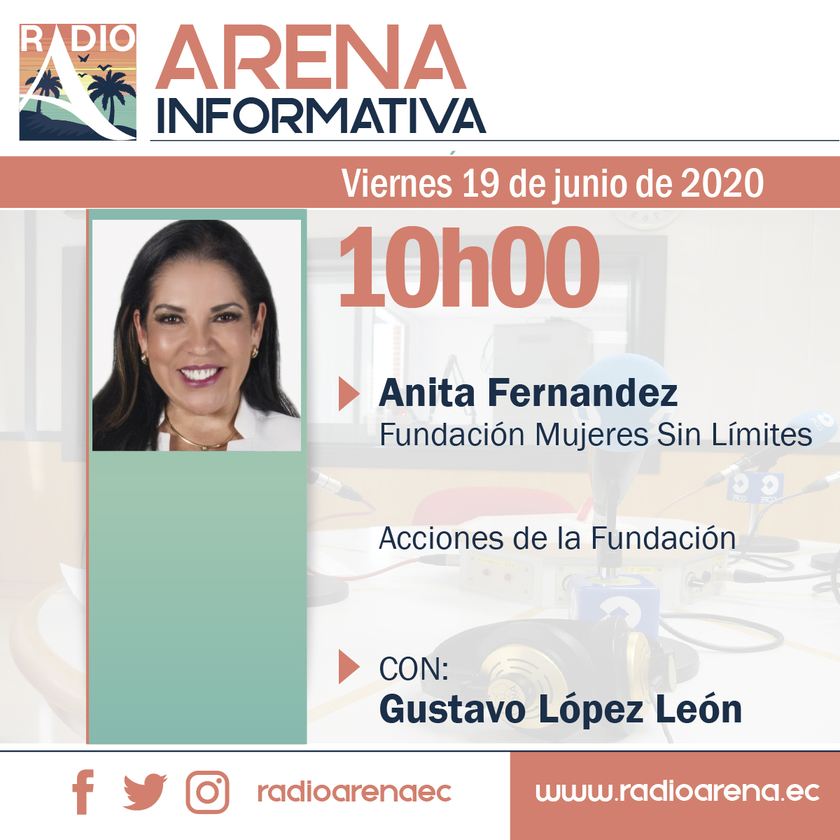 RadioArenaEc's tweet photo. #AgendaDeMedios 
Sintonice Radio Arena 93.7 
Anita Fernandez, nos habla de las acciones de la Fundación Mujeres Sin Límites, con Gustavo López
Escúchenos en audio real a través de https://t.co/wzv9OaKJ70 https://t.co/bFwCKnS7hy