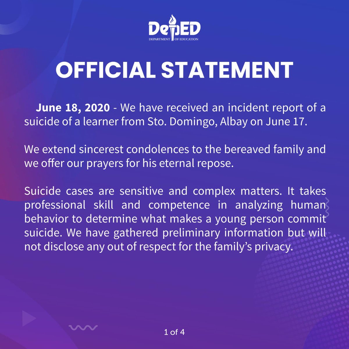 DepEd_PH's tweet photo. Official Statement on Albay Incident

Read the full statement:
English: https://t.co/bMz8zVcfs4
Filipino: https://t.co/Lwt7TWLZLw https://t.co/jDFVQoeGP0