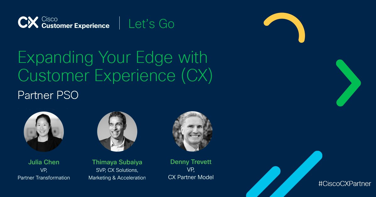 JuliaChenM's tweet photo. Cisco Partners- Ready to expand your edge? Join me, @ThimayaS and @dtrevett for this on-demand partner session now at #CXLetsGo. Learn how you can accelerate outcomes with Cisco Customer Experience (CX) #CiscoCXPartner https://t.co/hiRLUAmqml https://t.co/zGcdCgNPp7