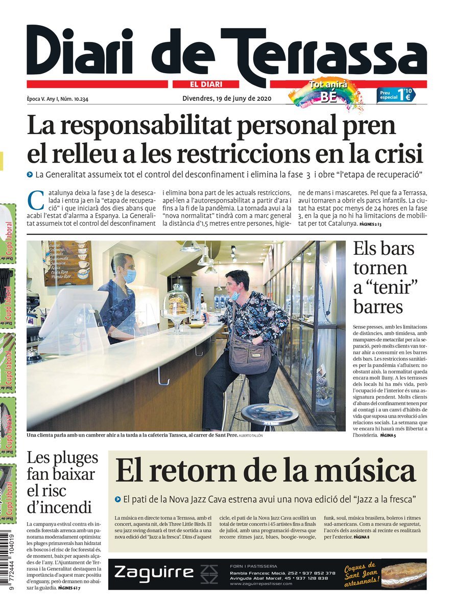 DiarideTerrassa's tweet photo. PORTADA 🗞 "La responsabilitat personal pren el relleu a les restriccions en la crisi" https://t.co/j524Ai3Bil #COVID19 https://t.co/2Fah2uxyvR