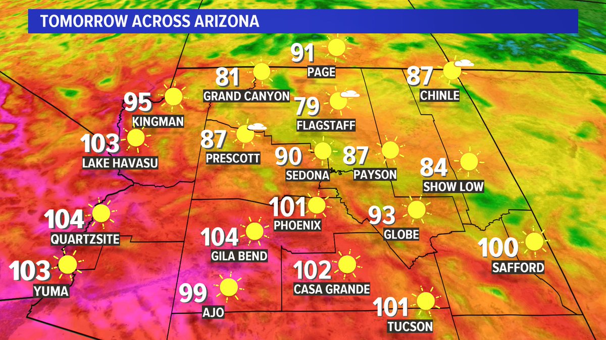 jamiekagol's tweet photo. Friday in #Arizona, #temperatures will be trending just below normal tomorrow, but a big warm up is on the way next week. #azwx #12news #12newswx #weather #weatherupdated https://t.co/xb3GMlmnFr