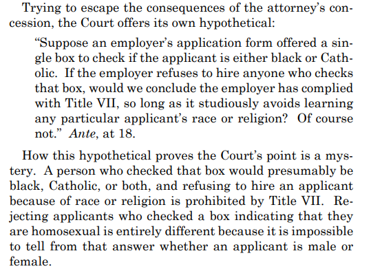 But assuming it's relevant (Alito does raise fair point that there's "no reason why the same employer could not lawfully implement the same policy even if it knows the sex of these individuals"), I agree w/ Gorsuch that it's probably still sex discrimination. Cf. Alito here: 16/