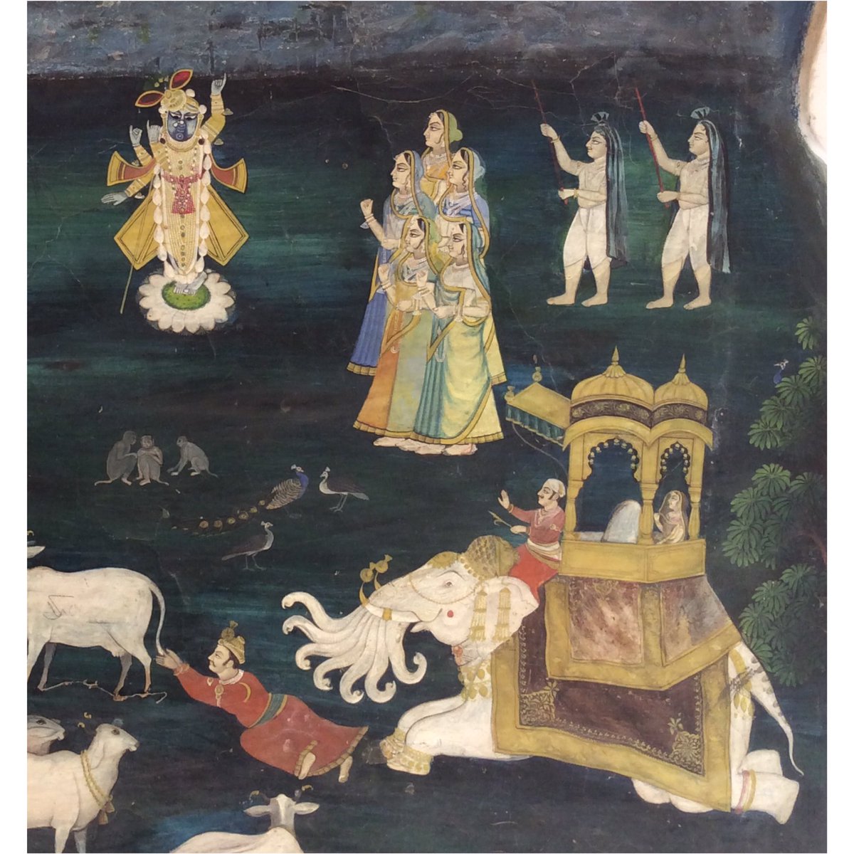 ऐ is for ऐरावत /Airavata, mythical king of elephants & vahana of Indra, king of devas. The Vishnu Purana describes Airavata as white in colour with 4 tusks & 7 trunks.Photos: Wall paintings from Bundi Palace (c.1880) & Garh Palace, Jhalawar (c.1920s.) #AksharArt  #ArtByTheLetter