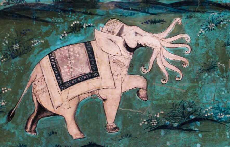 ऐ is for ऐरावत /Airavata, mythical king of elephants & vahana of Indra, king of devas. The Vishnu Purana describes Airavata as white in colour with 4 tusks & 7 trunks.Photos: Wall paintings from Bundi Palace (c.1880) & Garh Palace, Jhalawar (c.1920s.) #AksharArt  #ArtByTheLetter
