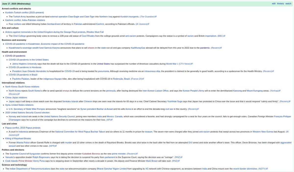 The current events portal on <a href="/Wikipedia/">Wikipedia</a> is one of the best news feeds on the internet. Dense, concise news that is global in scope &amp; isn't trying to sell you anything
en.wikipedia.org/wiki/Portal:Cu…