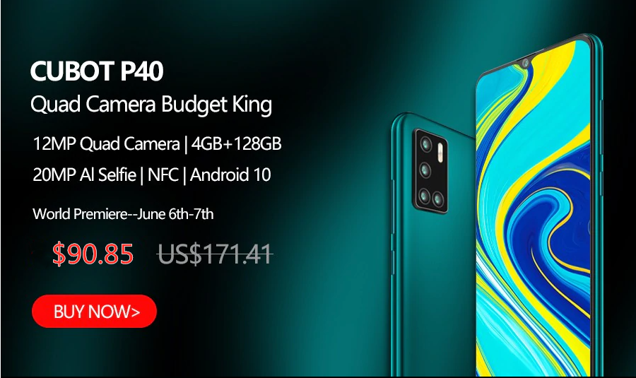 Cubotphone's tweet photo. Don't miss the incredible price for #QuadCameraPhone #CubotP40 at only $90.85 at AliExpress,Only 6.15 - 6.21
Buy Cubot P40 only $90.85 🛒 https://t.co/HXd6xAc9XX
#CubotP40#budgetking#QuadCameraBudgetKing#Giveaway#sales#coupon#discount#Feature Brand#Aliexpress https://t.co/jvffvHcZzU