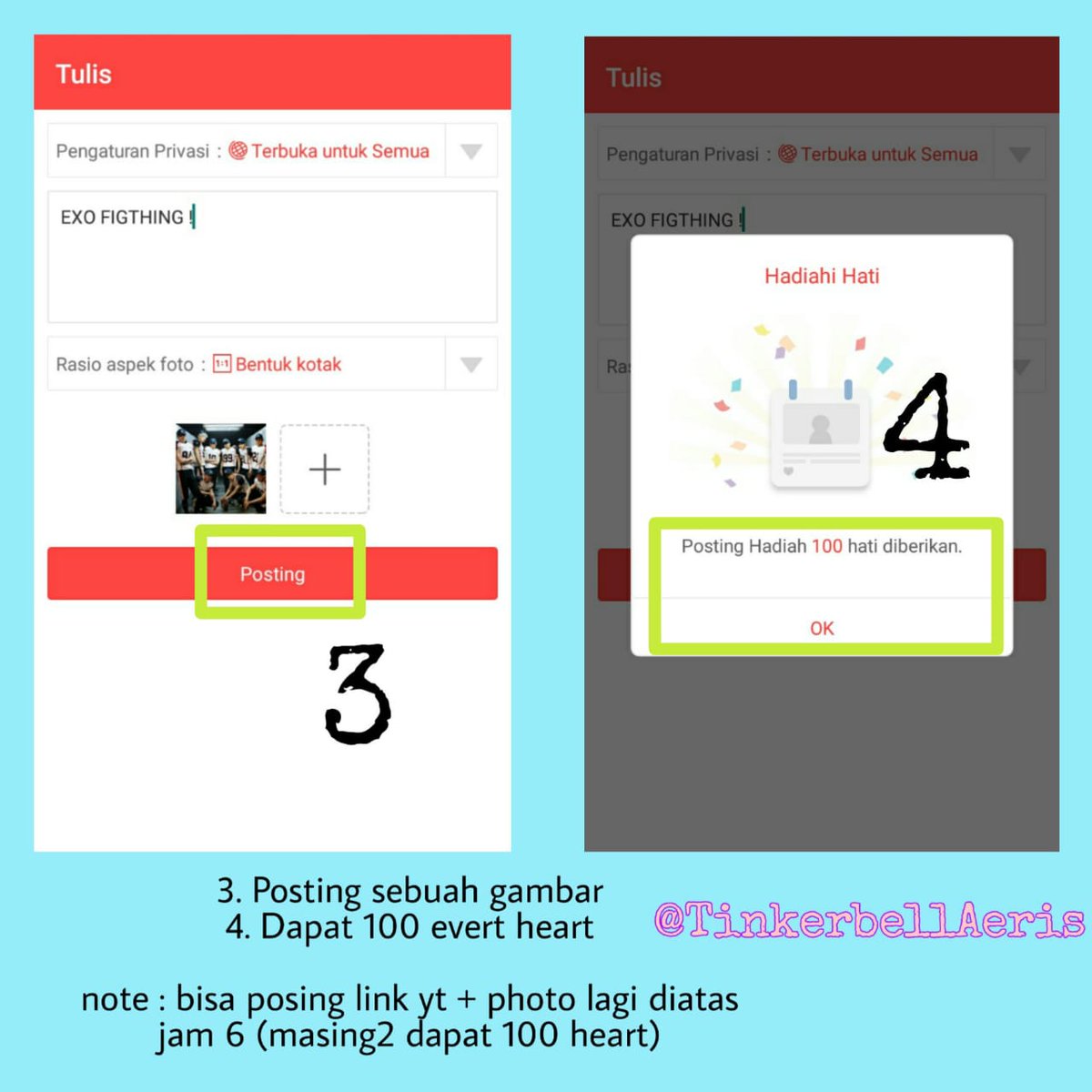 TinkerbellAeris's tweet photo. 👉 Cara mendapatkan heart dengan postingan!
3. Posting 1 foto HD dan link Youtube di EXO, tambahan 1 foto HD lagi saat Hot Time ( diatas jam 6 malam). Total 300 evert heart yang didapatkan.
#EXO #TimTinkerbell @weareoneEXO @B_hundred_Hyun @layzhang https://t.co/jRhzy8ARvm