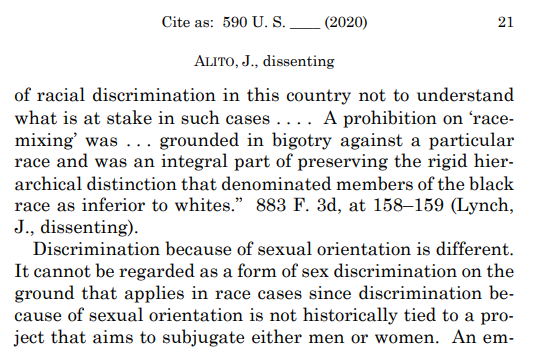 Alito says anti-miscegenation policies are race discrimination b/c promote white supremacy, not just b/c distinguish based on race. But imagine a strange employer that has such a policy but *isn't* trying to achieve white supremacy. Does Alito think discrimination now OK?? 19/