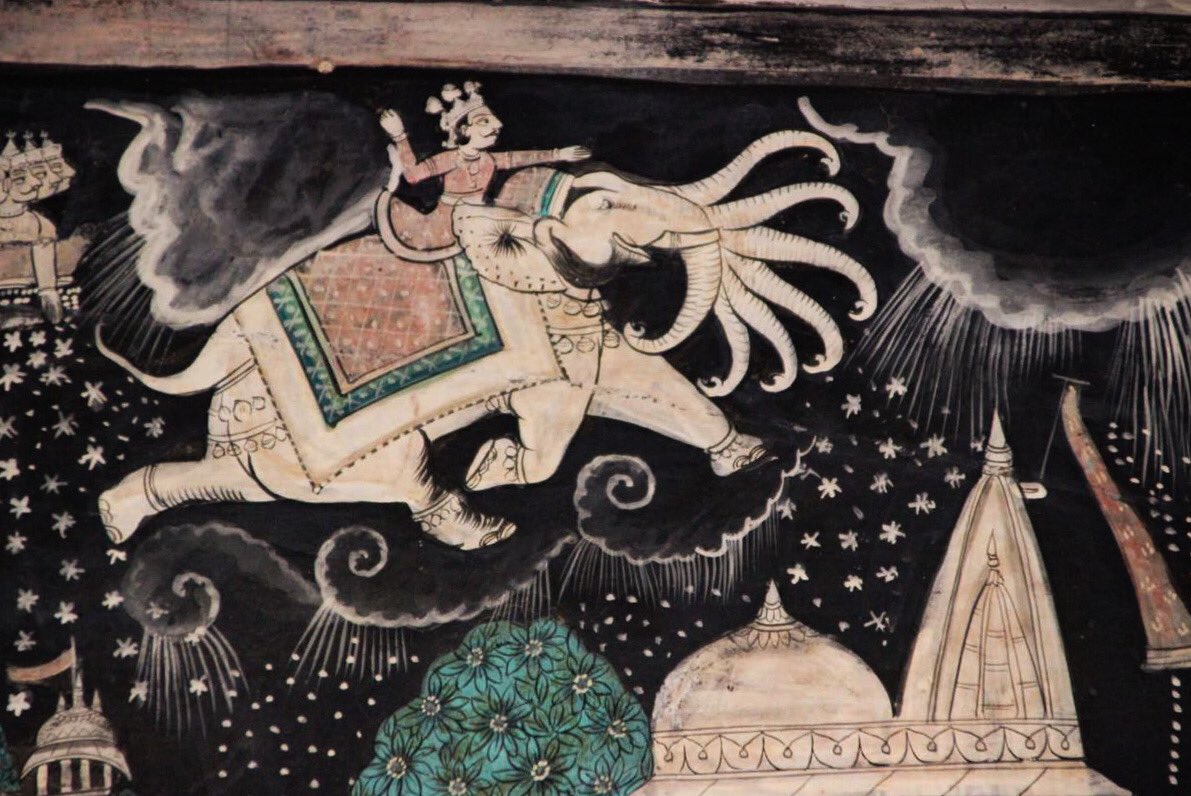 ऐ is for ऐरावत or AiravataAiravata was also Indra's battle elephant as well as aiding him in producing rain bearing clouds earning the name Abhra Matanga.Photos: Detail from Chamba Rumal, c.20th century CE; and wall painting, Bundi palace, c.1880 #AksharArt  #ArtByTheLetter