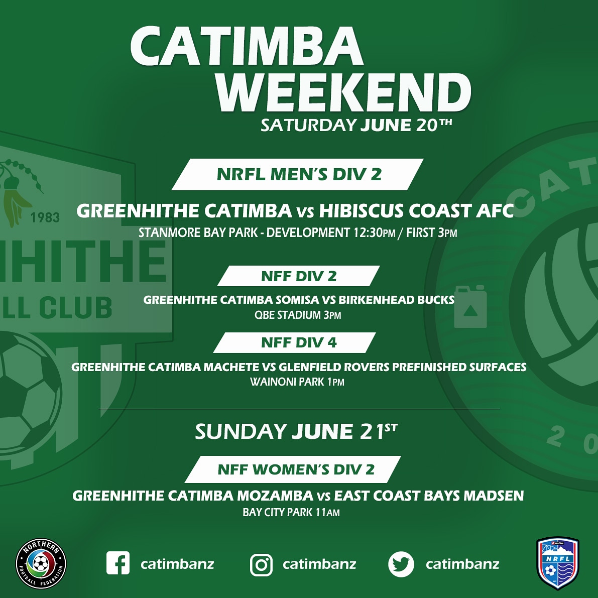 CatimbaNZ's tweet photo. Catimba weekend fixtures! Get ready for football!
#nzfootball #football #soccer #catimba #aucklandevents https://t.co/c9VvhJeO9D