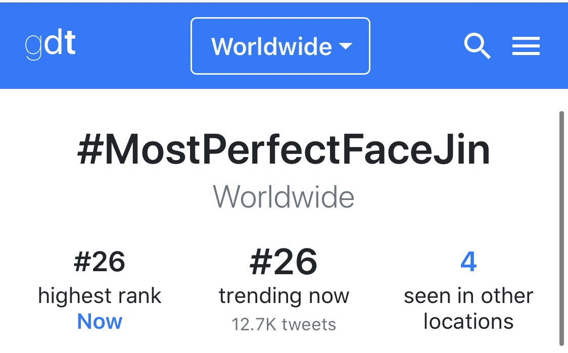 SeokjinGlobal's tweet photo. 📉 #MostPerfectFaceJin is trending at #26 worldwide 🙌🏼

#7 Philippines 
#31 México
#32 Puerto Rico
#34 Indonesia 

Keep using the hashtag! 🥰
@BTS_twt #Jin #Seokjin #진 #방탄소년단진 https://t.co/J8YhUlZhKc