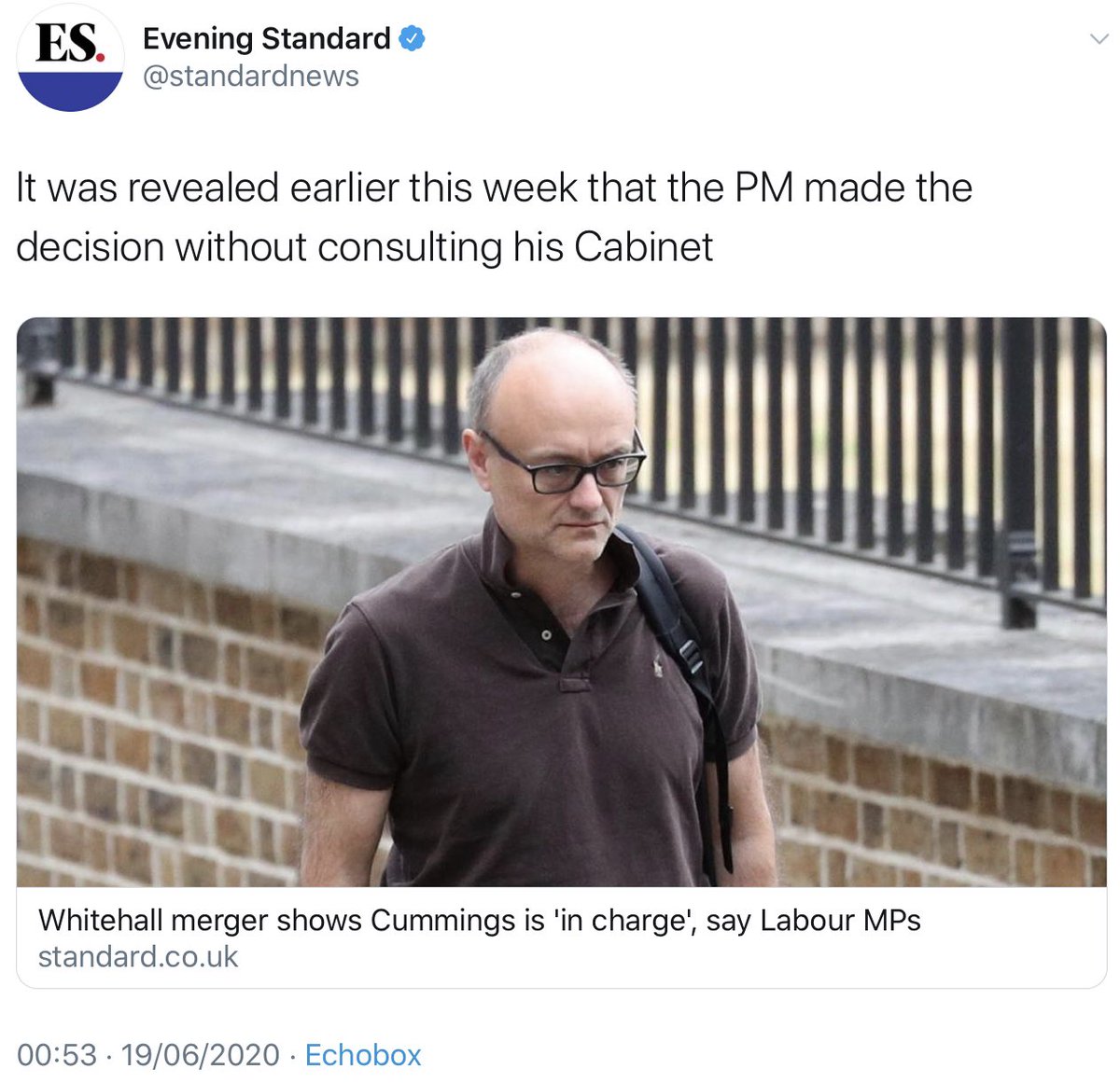 An increasing concern about current  #PM’s *accountability* to parliament, or not. Appears decision to merge  #FCO with  #DFID was taken without even consulting  #Cabinet! Be very aware.  #Constitutional conventions are being steadily undermined.[ image  https://twitter.com/standardnews/status/1273765878358777856?s=21]  https://twitter.com/CharterhouseSq/status/1273000334898737152