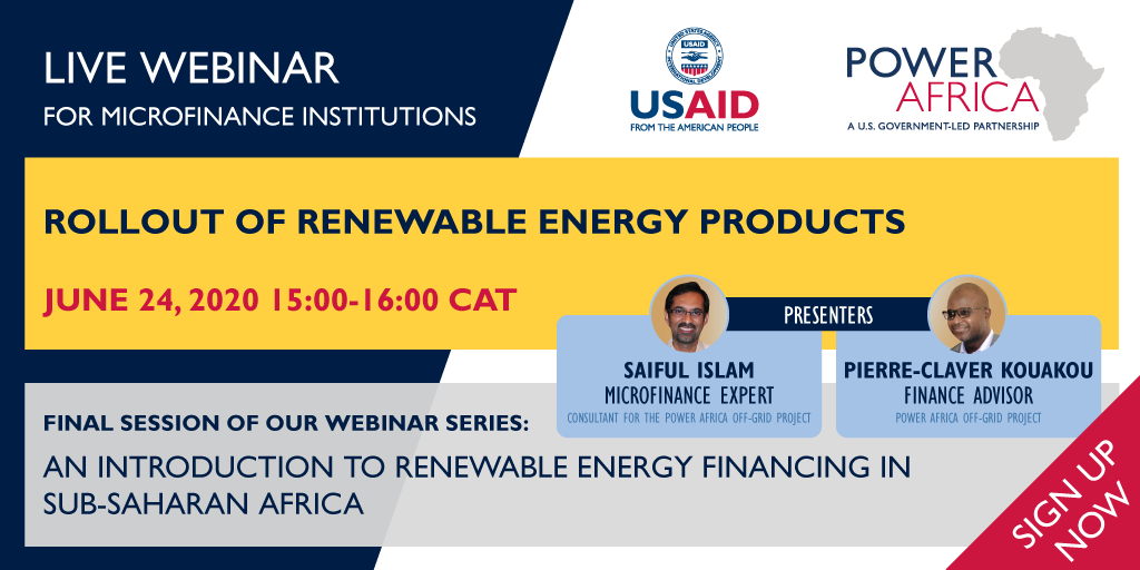 PowerAfricaUS's tweet photo. 💻 #WEBINAR: Join us on June 24th for the FINAL webinar in our 💡 #renewableenergy financing 💵 series! #Microfinance experts will share key considerations for planning the rollout of renewable #energyfinance products. 

Register now ➡️ https://t.co/taSPml6u6B https://t.co/QAhl2yFyiA