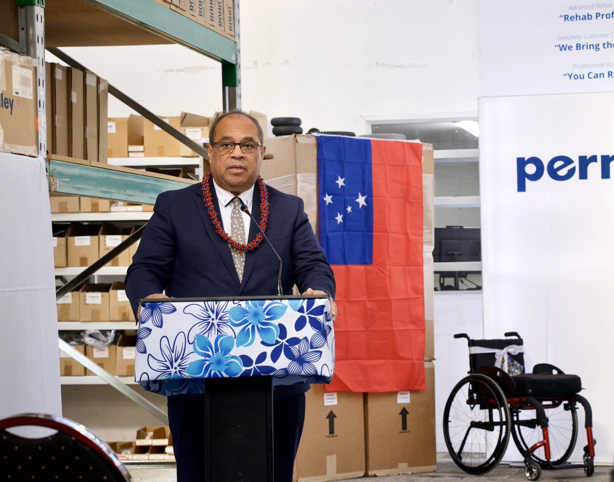 FijiTradeANZ's tweet photo. The @fijiconsulate would like to thank Permobil New Zealand for donating 15 wheelchairs to @MOHFiji. New Zealand’s Minister for Pacific Peoples, Hon @AupitoWSio_MP and Mr. Grant Leach, GM of Permobil NZ, presented the wheelchairs to the Honorary Consul of Fiji, Mr Harish Lodhia. https://t.co/smRTszh0zN