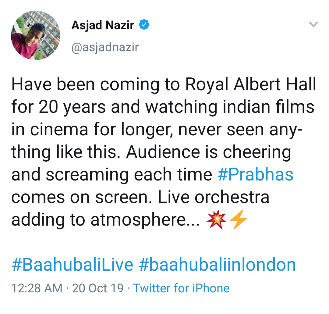  #Baahubali - First Non English film to be played at Royal Albert Hall  #LondonAudience cheering and screaming each time  #Prabhas comes on screen 