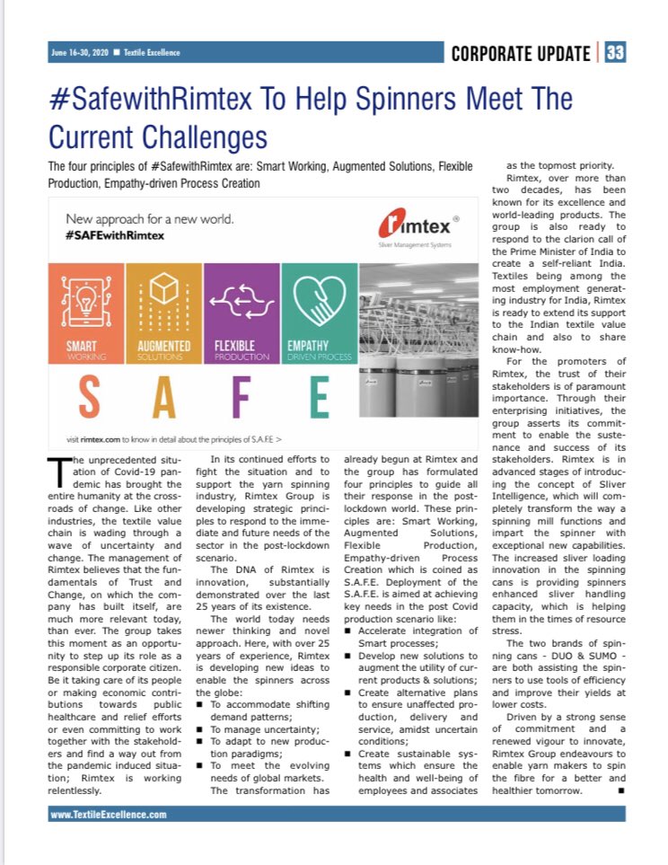 RimtexIndia's tweet image. We thank #TextileExcellence magazine for sharing our #PostCOVID19 initiatives. More can be read on rimtex.com . #Textile #Textilespinning #SliverCan
