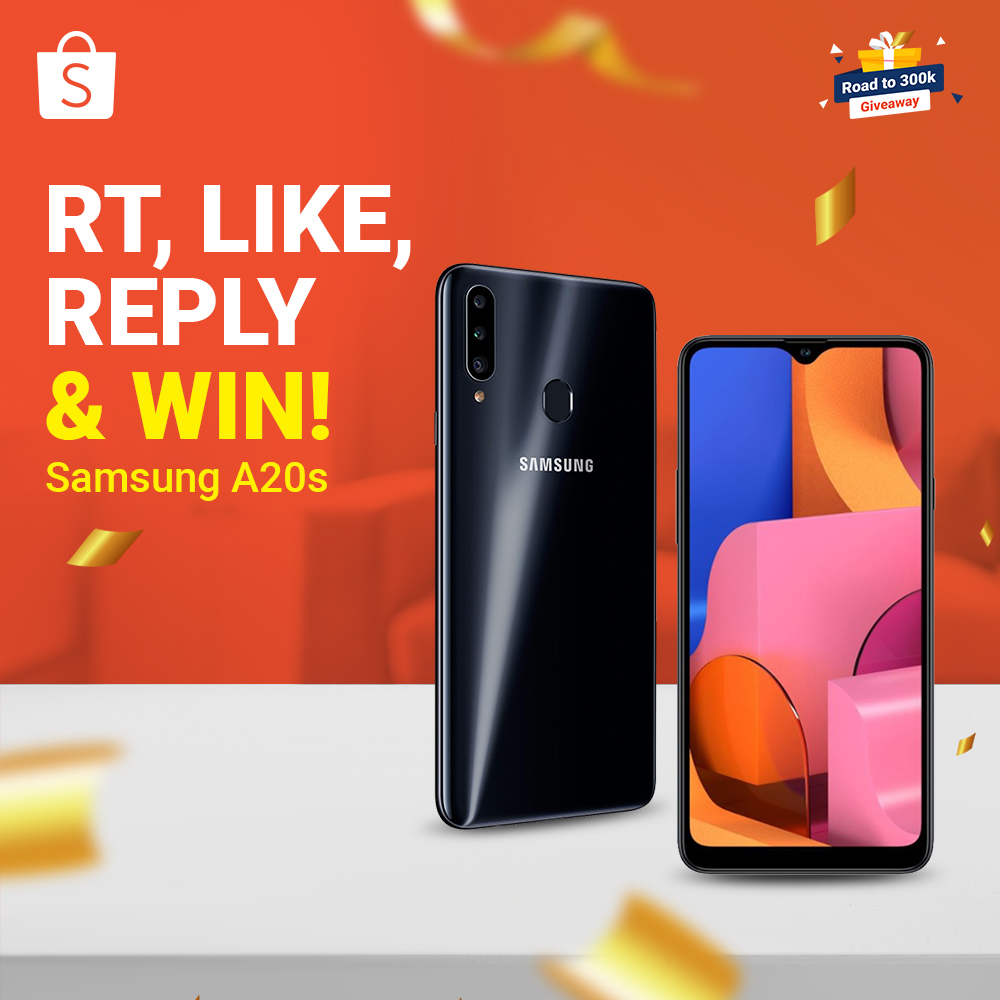 Hari ini di Twitter Road to 300k Giveaway Day-5, kita ada hadiah Samsung Galaxy A20s! 🥳 Caranya:

1. FOLLOW @shopeeid
2. RT &amp; LIKE tweet ini
3. REPLY "Shopee Pilihanku" &amp; pakai #ShopeeRoadTo300k SEBANYAK-BANYAKNYA
4. 1 pemenang dipilih ACAK

Periode hingga 22 Juni '20.
#ShopeeID