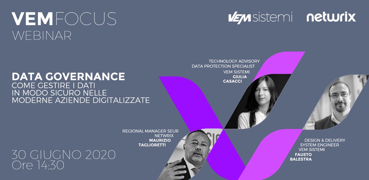 vemsistemi's tweet photo. #SaveTheDate - Vi diamo appuntamento martedì 30 giugno con #VEMFocus #Webinar: "Data Governance", organizzato in collaborazione con @Netwrix_Italia. 

Per partecipare al webinar, registrati alla pagina https://t.co/24YLqqvCkE https://t.co/yhGvj0xd4Z