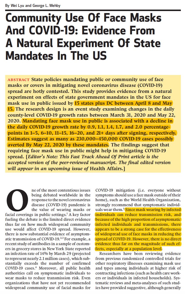 You want to reduce #COVID19 cases by 230,000-450,000?
Wear a mask.😷
healthaffairs.org/doi/pdf/10.137… <a href="/Health_Affairs/">Health Affairs</a> 
<a href="/uiowa/">University of Iowa</a> Lyu and Wehby's clever natural experiment comparing states with mandates vs those without