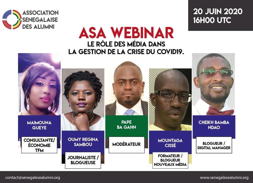 ASASENEGAL's tweet photo. WEBINAR: Let's meet on June 20th at 4PM with the Senegalese Alumni Association to talk about "the role of the media in the covid19 crisis management".
You can watch it here: https://t.co/2wV99aNQ8r
@usembassydakar @StateDept @StateIVLP
#StayTuned #ASAWebinar #SharingInputs https://t.co/gdDvovqvw8
