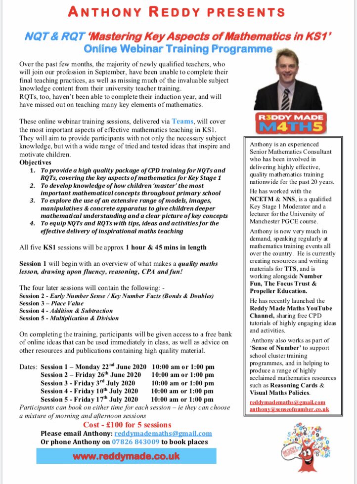 reddymademaths's tweet photo. Really excited about Monday’s Day 1 KS1 NQT/RQT ReddyMadeMaths Webinar Training!😀
Thanks to everyone signed up so far-still last minute places available on both great value am&amp;pm sessions.💡
Check out the flyers for full details- loads of ideas, activities &amp; free resources!😁😁 https://t.co/LO88anzLMO