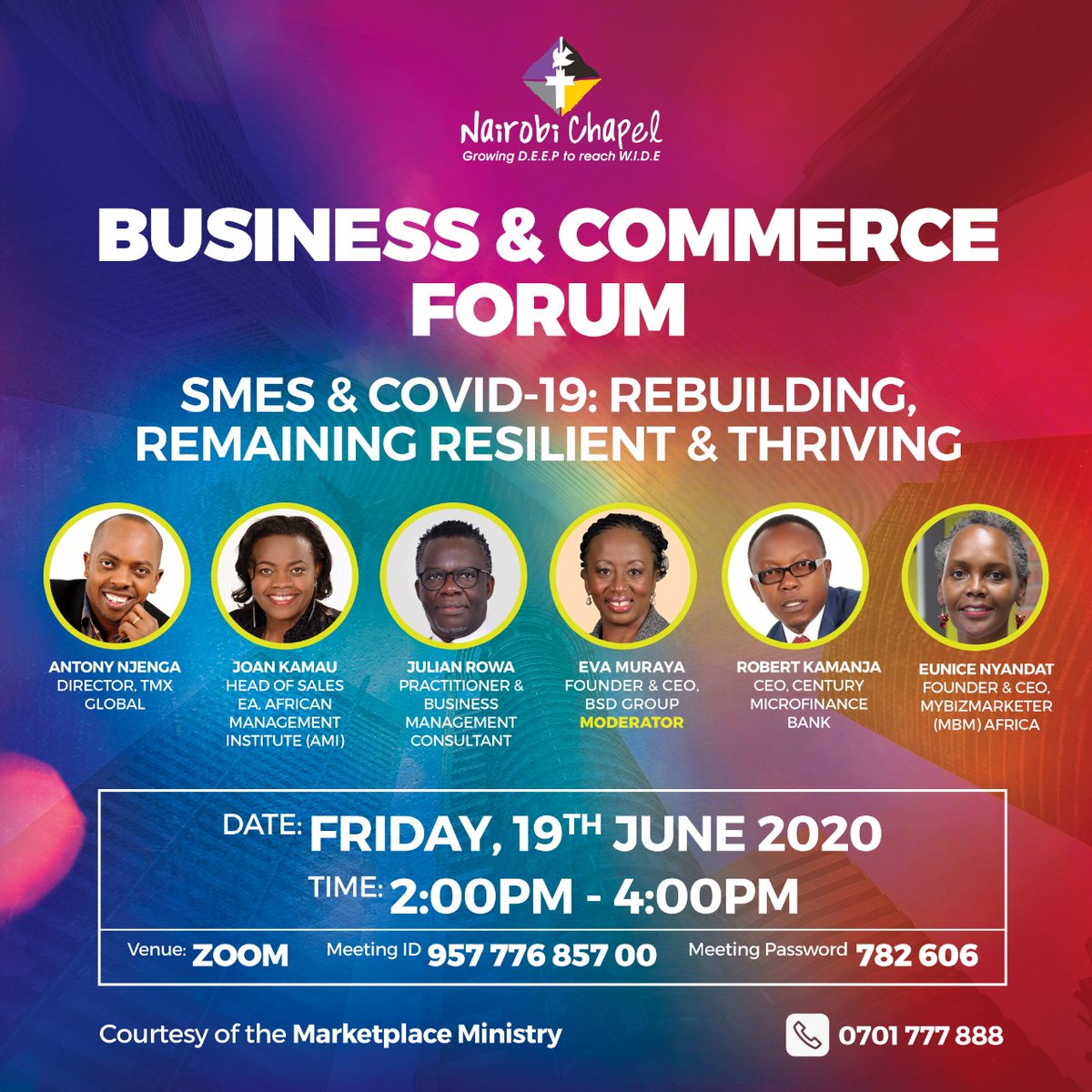 EuniceNyandat's tweet photo. ***LIVE NOW *** Business and Commerce Forum: : REBUILDING, REMAINING RESILIENT &amp; THRIVING WEBINAR
https://t.co/D3ZEMG1wSR
@tonynina @africancoach @KamanjaRobert @shajulsltd @NairobiChapel  
#RebuildToThrive
#RedefiningBusiness
#MarketPlaceMinistry
#postcovidafrica https://t.co/JTs180B72J