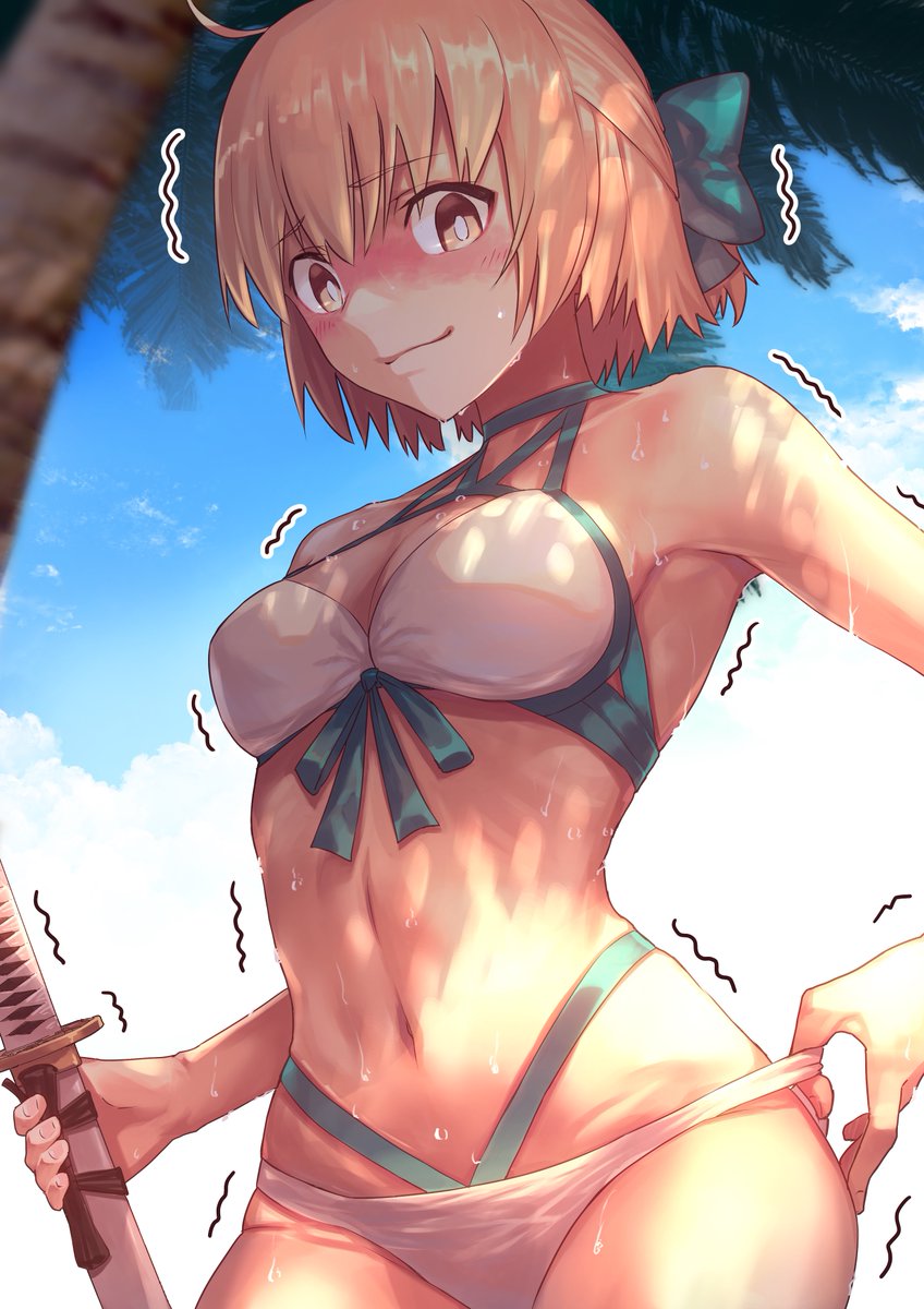 沖田総司 「「この水着・・・きついんですけど!?」
水着沖田
#FGO 」|中西 達哉のイラスト