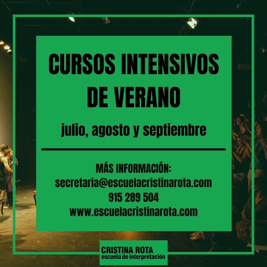 EscCristinaRota's tweet photo. Este #verano, los #intensivos serán en #julio #agosto y #septiembre

🧐Guardando todas las medidas de seguridad, pero presenciales

✍️Aún quedan plazas

Más info: secretaria@escuelacristinarota.com y 915 280 504

#interpretación #cursosintensivos #CristinaRota #actor #actriz https://t.co/0IWdIFilqy