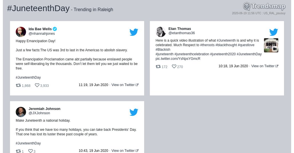 TrendsRaleigh's tweet photo. #juneteenthday is now trending in #Raleigh

https://t.co/QAN6QVTZL4 https://t.co/30eV3NLUej